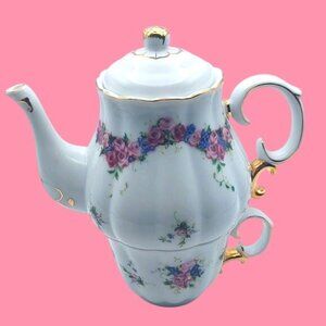 Porcelain Tea For One Floral Stackable 3 Piece Tea Set Roses Gold Trim